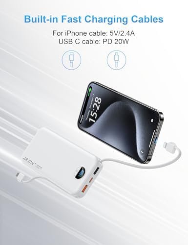 Portable Charger with Wall Plug, 12000mAh USB C Power Bank Fast Charging, External Battery Pack with Built in Cables, Digital Display, 5 Output 4 Input for iPhone Android Cell Phone Tablet - Image 5