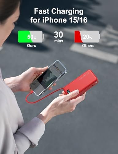 20000mAh Ultra-Portable-Charger-Power-Bank PD20W with Built in Cables&AC Wall Plug,Fast Charging Cell Phone Charger Battery Pack,LED Display Travel Battery Bank for All iPhone,Samsung,Android - Image 4