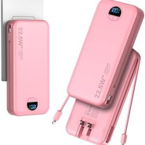 20000mAh Ultra-Portable-Charger-Power-Bank PD20W with Built in Cables&AC Wall Plug,Fast Charging Cell Phone Charger Battery Pack,LED Display Travel Battery Bank for All iPhone,Samsung,Android