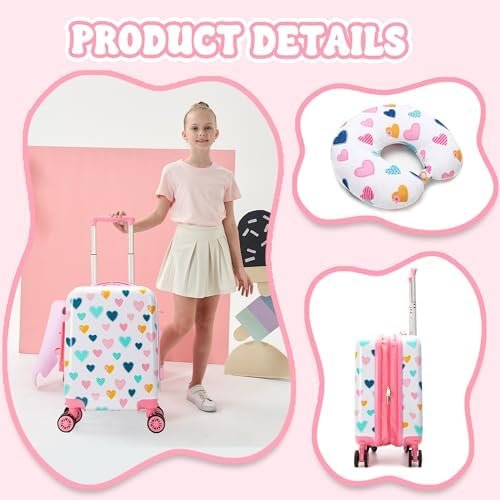 Kid's Luggage Set 2 Piece Suitcase Set Hardside Luggage with Spinner Wheels Girls Carry on Toddler Travel Rolling Suitcase with Neck Pillow Airline Approved - Image 4