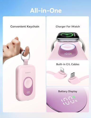 RORRY Portable Charger, 20000mAh PD 30W Portable Charger Power Bank with 2 Built-in Cables, Super Fast Charging Battery Pack with Keychain, Travel Essentials for iPhone, Apple Watch, iPad, Pink - Image 2