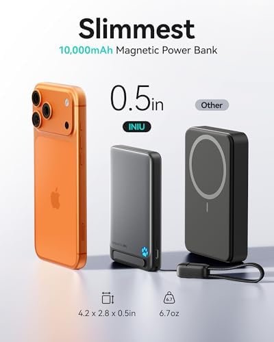 INIU for Magsafe Power Bank, Slimmest 10000mAh Qi2 Certified 15W Magnetic Portable Charger, 45W Fast Charging with Built-in USB-C Cable, Battery Pack with Stand for iPhone Air 17 16 15 14 13 12 Only - Image 5