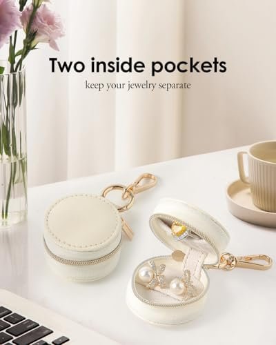COOLYOUTH Travel Jewelry Holder Storage Ring Holder with Keychain Leather Mini Ring Case (White) - Image 5
