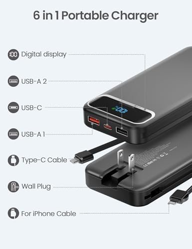 12000mAh Lightweight-Portable-Charger-Power-Bank with Built-in Cables and AC Wall Plug, PD20W USB-C Fast Charging Battery Pack, LED Display External Travel Phone Charger for All iPhone,Samsung,Android - Image 2