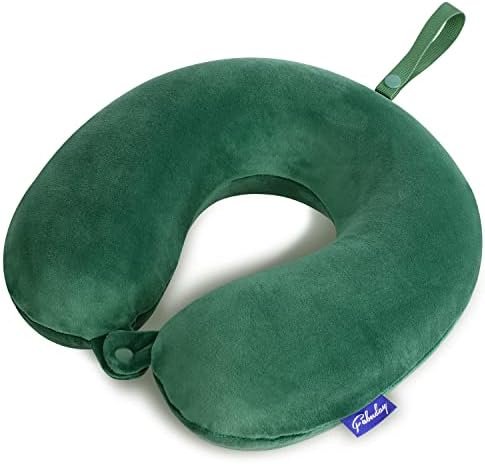 Neck Pillow for Travel Memory Foam - Travel Pillows for Sleeping Airplane with Attachable Snap Strap Soft Washable Cover, Flight Pillow for Traveling, Car, Provide Head Neck Support Dark Green