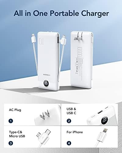 VEGER Portable Charger for iPhone Built in Cables and Wall Plug, 10000mah Slim Fast Charging USB C Power Bank, Travel Essential Battery Pack Compatible with iPhones, iPad, Samsung More Devices(White) - Image 2