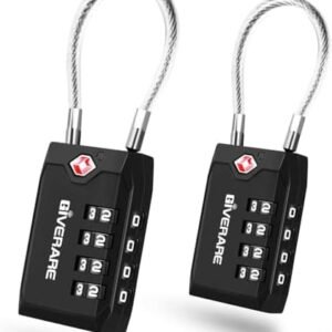 2 Pack TSA Approved Travel Luggage Locks, 4-Digit Cable Combination Suitcase Lock, Metal Alloy Padlocks, Weatherproof Padlock for Locker, Bag, Gun Case, Backpack, Anti Theft, Easy Read Dials-Black