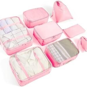 8 Set Packing Cubes for Suitcases Travel Luggage Packing Organizers,Travel Essentials Luggage Organizer Accessories for Shoe Bag Tioletry Bag Laundry Bag (Pink)