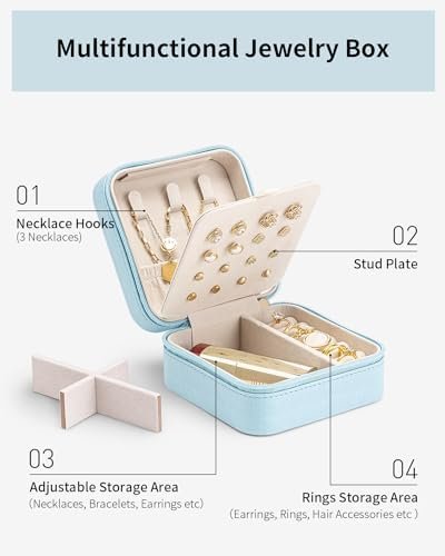 Vlando Travel Jewelry Case, Small Travel Jewelry Organizer Box for Girls Women - Blue - Image 4