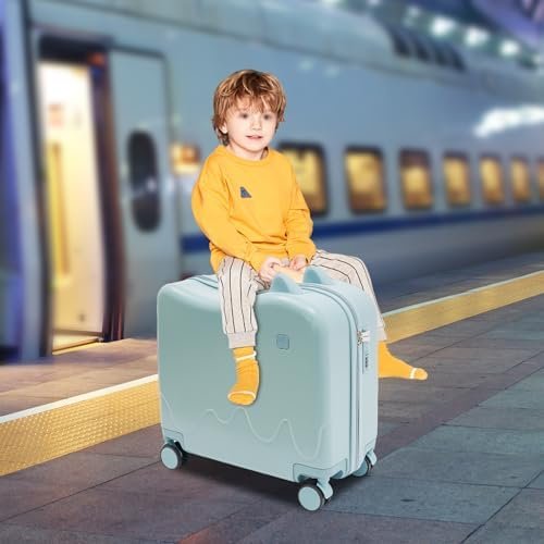 18 Inch Kid Ride On Suitcase, Ride-on Luggage with 4 Universal Wheels Lightweight Kids Travel Luggage for Boys Girls Children's Day Gift, Festival Gift (Sky Blue with Cute Small Ears) - Image 5