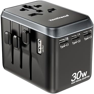 Universal Travel Adapter, 30W International Power Adapter with 4 USB-C & 1 USB-A Ports, European Travel Plug Adapter, Worldwide Travel Essentials for EU UK AUS USA