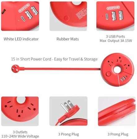 Travel Power Strip, NTONPOWER Desktop Charging Station with 3 Outlets 3 USB Short Wrapped Extension Cord 3ft for Travel, Cruise Ships, Office, Nightstand, Red - Image 2