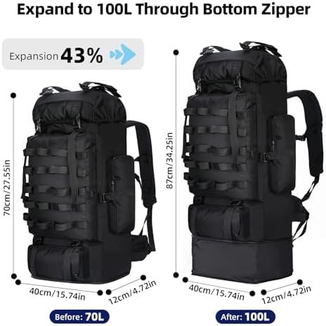 70L/100L Camping Hiking Backpack with Rain Cover, Expandable Large Military Tactical Backpack, Waterproof Molle Racksack Travel Backpacking Daypack for Climbing Trekking (Black) - Image 2