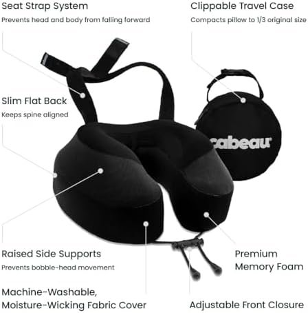 Cabeau Airplane Travel Pillow for Long Flights - Evolution S3 - Supportive Memory Foam with Seat Straps to Secure Your Head and Neck and Provides 360° Support (Jet Black) - Image 3