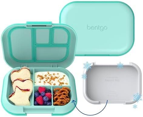Bentgo Chill Kids Leak-Proof Lunch Box - 4-Compartment Bento Box with Built-In Ice Pack, 3.3 Cup Capacity, PFAS & BPA-Free, Microwave & Dishwasher Safe, Ideal Size for Ages 3 to 7 (Aqua)