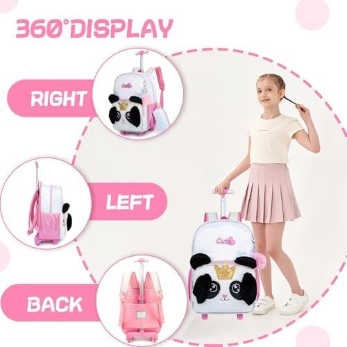 Meetbelify Rolling Backpack for Girls Backpacks with Wheels for Elementary School Students Kids 3 in 1 Travel Luggage Suitcase with Lunch Box Pencil Case for Girls Age 8-10 Cute Panda - Image 4