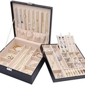 ProCase Jewelry Box for Women, 2 Layers Large Leather Jewelry Organizer Storage Case with Removable Pad for Earrings -Black