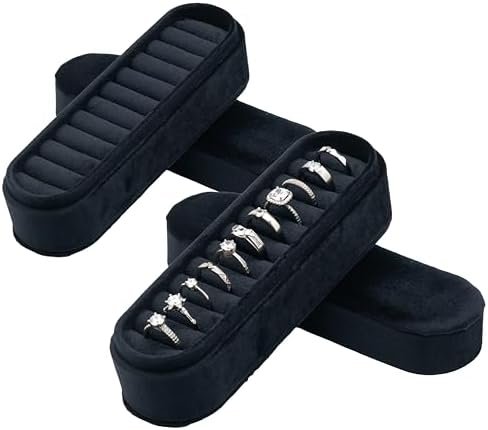 Velvet Small Multiple Ring Box Portable Organizer Display Storage Travel Case Jewelry Earring Holder for Wedding Birthday Christmas Day (Black) - Image 6