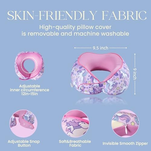 SKYTRAX® Certified Kids Safe Memory Foam Travel Neck Pillow for Kids and Toddlers, Cute Cartoon Design, Car Seat & Airplane Head Neck Support, Adjustable Snap Button, Washable Soft Cover (Unicorn) - Image 4