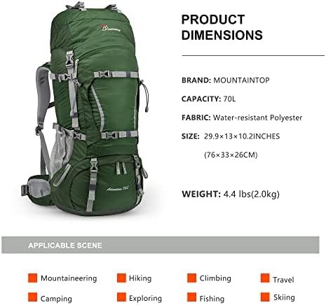 MOUNTAINTOP 70L Internal Frame Backpack Camping Backpacking Hiking Backpack for Men Women with Rain Cover - Image 2