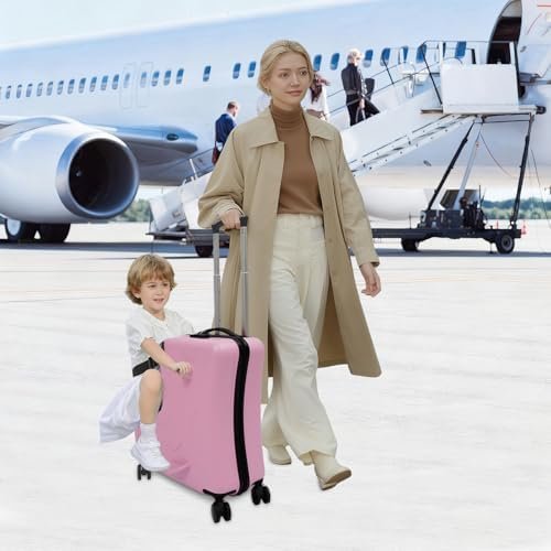 20 Inch Kids Ride-On Suitcase, Children's Trolley Case with 4 Wheels, Portable Carry-On Luggage for Air Travel, Pink Rolling Trunk for Boys Girls Aged 3-6 - Image 4