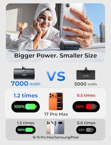 7000mAh Mini Portable Charger USB C Power Bank for iPhone 17 Pro Max 22.5W Fast Charging[USB-C Only, No Cable Needed], LISEN for iPhone 17 Pro Max 16 15, Samsung,Pixel, iPad, AirPods - Image 3