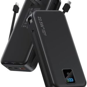 Portable Charger, 20000mAh 22.5W Fast Charging Power Bank with Built-in Cables & Wall Plug, Travel Essentials Battery Pack with LED Display, USB C External Battery Bank for iPhone iPad, Samsung Black