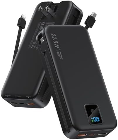 Portable Charger, 20000mAh 22.5W Fast Charging Power Bank with Built-in Cables & Wall Plug, Travel Essentials Battery Pack with LED Display, USB C External Battery Bank for iPhone iPad, Samsung Black