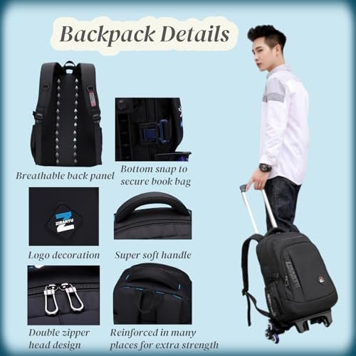 VIDOSCLA Black Kids Boys Rolling Backpack Teens Carry-on Luggage with Wheels Trolly BookBag for School-6 Wheels - Image 5