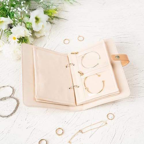 Jewelry Travel Organizer Case -5 Pouch Jewelry Roll for Necklaces, Rings, Earrings Jewelry Storage Ring Binder PU Leather for Women (Beige & White) - Image 4