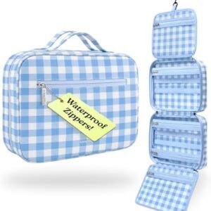 VANDEL Waterproof Hanging Toiletry Bag for Travelling, Hanging Makeup Organizer Bag, Cosmetic Travel Bags for Women, Makeup Case Toiletries Organizer Hygiene Bathroom Shower Caddy - Blue Gingham