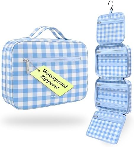 VANDEL Waterproof Hanging Toiletry Bag for Travelling, Hanging Makeup Organizer Bag, Cosmetic Travel Bags for Women, Makeup Case Toiletries Organizer Hygiene Bathroom Shower Caddy - Blue Gingham