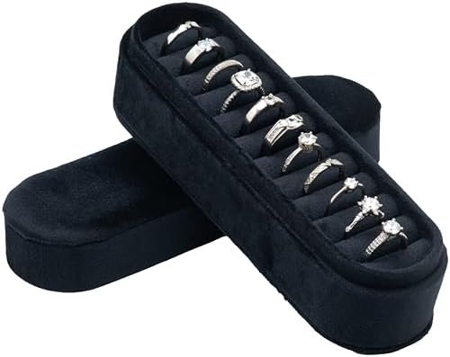 Velvet Small Multiple Ring Box Portable Organizer Display Storage Travel Case Jewelry Earring Holder for Wedding Birthday Christmas Day (Black) - Image 2