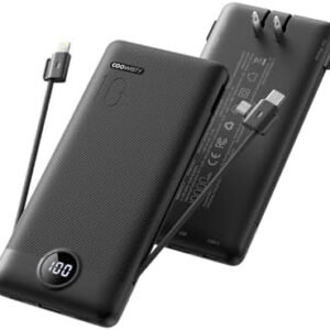 Portable Charger with Wall Plug, Slim USB C Power Bank with Built-in Cables, 10000mah LED Display External Battery Pack Compatible with iPhone/Android & More (Black)