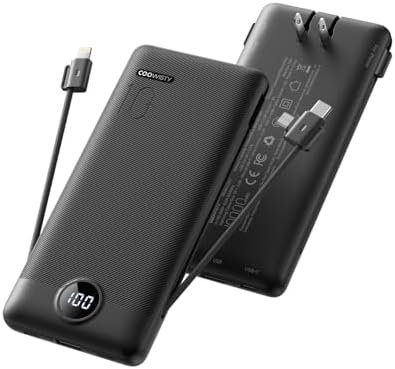 Portable Charger with Wall Plug, Slim USB C Power Bank with Built-in Cables, 10000mah LED Display External Battery Pack Compatible with iPhone/Android & More (Black)