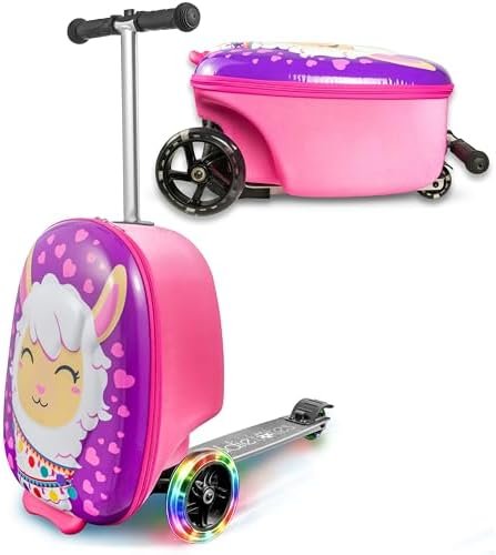 KIDDIETOTES Ride-On Scooter Suitcase for Kids – Hardside Lightweight Carry-On Luggage with Foldable Scooter, LED Wheels, Travel Fun for Toddlers & Children