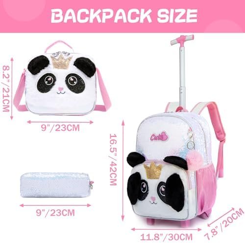 Meetbelify Rolling Backpack for Girls Backpacks with Wheels for Elementary School Students Kids 3 in 1 Travel Luggage Suitcase with Lunch Box Pencil Case for Girls Age 8-10 Cute Panda - Image 2