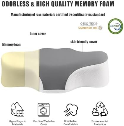 Bespilow Travel Pillow for Sleeping,Cervical Neck Support Pillow for Neck Pain Relief,Lightweight Ergonomic Memory Foam Camping Pillow,Portable Contour Pillows w/Travel Storage Bag,Cooling Cover - Image 3