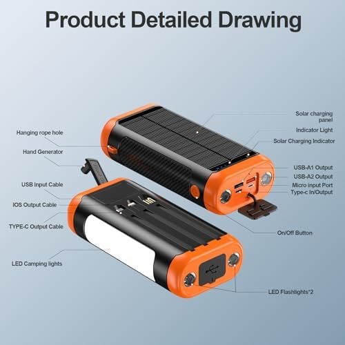 DJKK Solar Power Bank Portable Charger:66800mAh Built in Hand Crank and 3 Cables 22.5W Fast Charging Phone External Battery Pack(5 Outputs & 5 Inputs) with Camping Flashlights/Table Lamp/Compass - Image 7