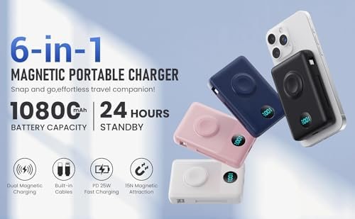Magnetic Portable Charger for MagSafe with Built-in Cable, iWatch Charger,10800mAh Wireless Power Bank Travel Essentials,25W PD Fast Charging Battery Pack for iPhone 17/16/15/14/13 Series,Apple Watch - Image 9