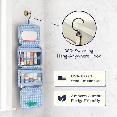 VANDEL Waterproof Hanging Toiletry Bag for Travelling, Hanging Makeup Organizer Bag, Cosmetic Travel Bags for Women, Makeup Case Toiletries Organizer Hygiene Bathroom Shower Caddy - Blue Gingham - Image 4