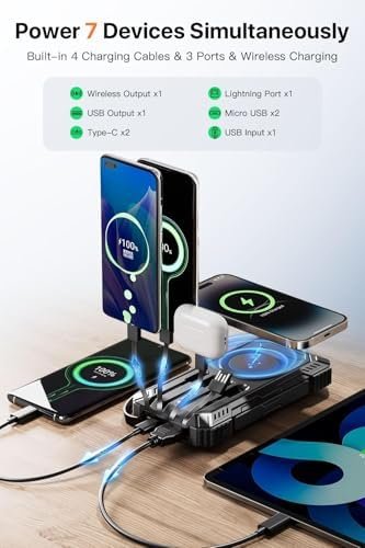 Power Bank 49800mAh Solar Portable Charger Wireless Charging USB-C 15W Fast Charging with 4 Built-in Cables LED Flashlight Battery Pack Compatible with iPhone, iPad, Perfect for Camping,Hiking - Image 4