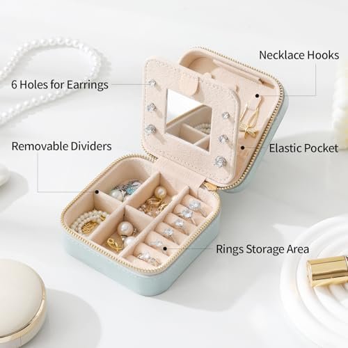 Genuine Leather Travel Jewelry Case Organizer with Mirror for Women, Small Jewelry Box Portable Mini Jewelry Case for Earring, Ring, Necklace, Bracelet(Cyan) - Image 6