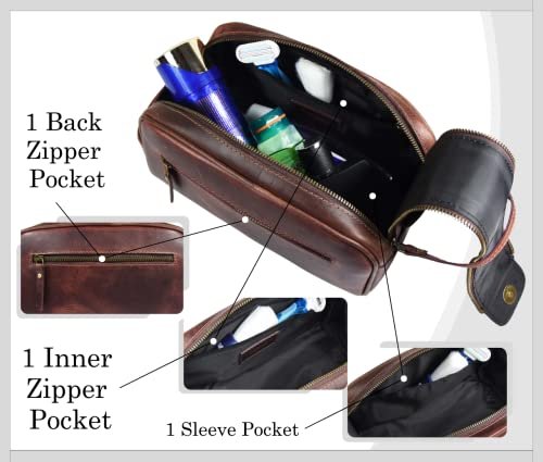 Leather Toiletry Bag for Men | Grooming Travel Kit | With Waterproof Lining | By Aaron Leather (Dark Brown) - Image 5