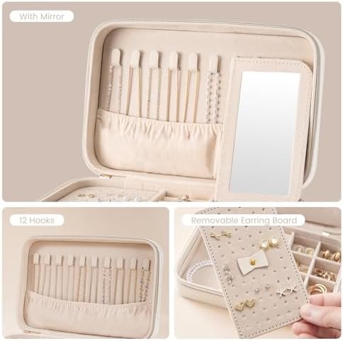 Lolalet Travel Jewelry Case for Women Girls, Travel Jewelry Organizer Box with Mirror & Clear Storage Bag, Small Portable Earring Necklace Bracelet Ring Case, Birthday Christmas Gifts -Medium, White - Image 5