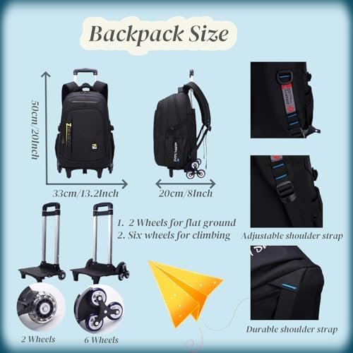 VIDOSCLA Black Kids Boys Rolling Backpack Teens Carry-on Luggage with Wheels Trolly BookBag for School-6 Wheels - Image 3