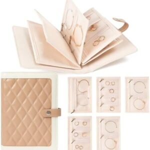 Jewelry Travel Organizer Case -5 Pouch Jewelry Roll for Necklaces, Rings, Earrings Jewelry Storage Ring Binder PU Leather for Women (Beige & White)