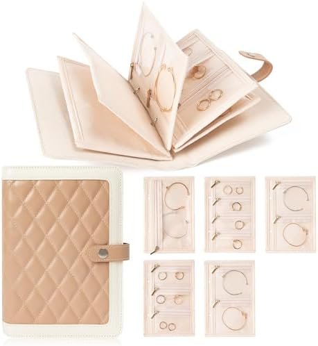 Jewelry Travel Organizer Case -5 Pouch Jewelry Roll for Necklaces, Rings, Earrings Jewelry Storage Ring Binder PU Leather for Women (Beige & White)