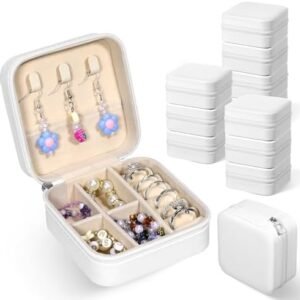 12 Pack Small Travel Jewelry Box Bridesmaid Proposal Gift Boxes Portable Mini Travel Jewelry Case PU Leather Earring Storage Box with Dividers for Women Girls Rings Necklace Earring Organizer, White