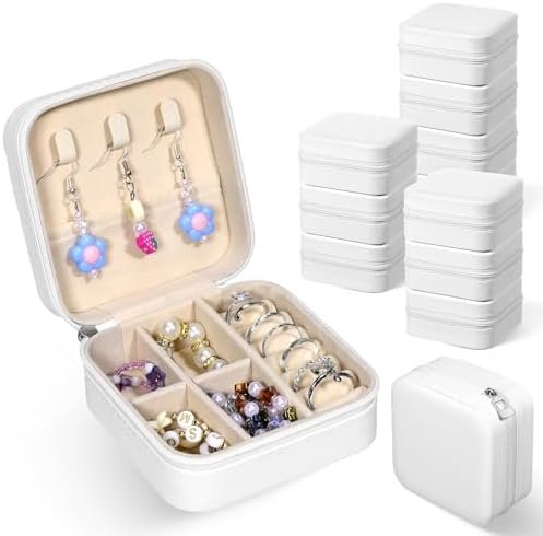 12 Pack Small Travel Jewelry Box Bridesmaid Proposal Gift Boxes Portable Mini Travel Jewelry Case PU Leather Earring Storage Box with Dividers for Women Girls Rings Necklace Earring Organizer, White